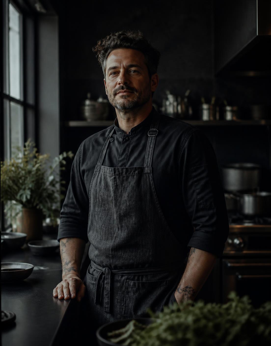Executive Chef Luka Marin in a dark apron in the VÉRA kitchen