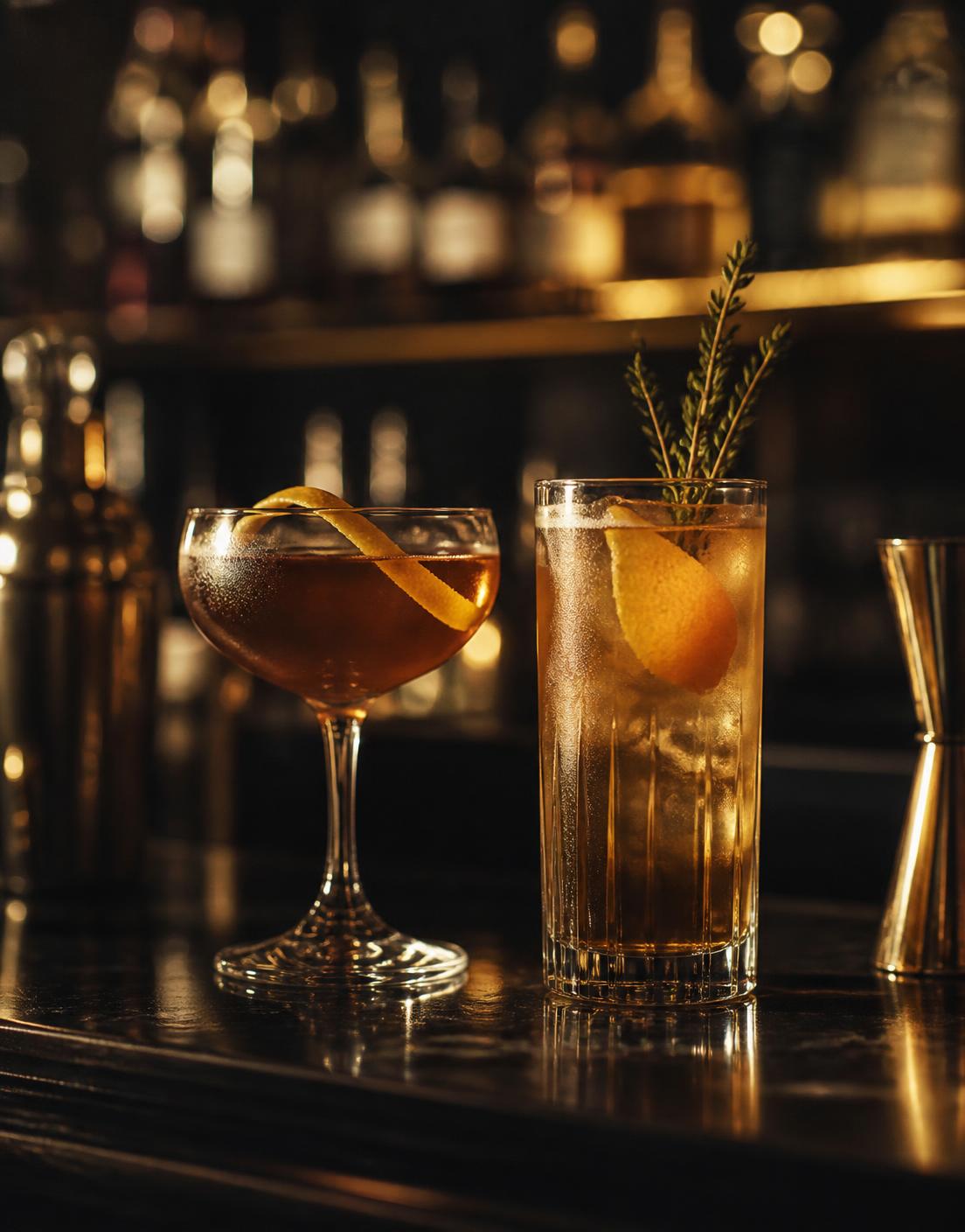 Two signature cocktails garnished with citrus and thyme on the bar