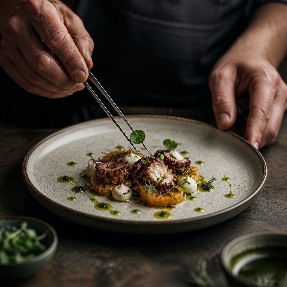 Chef finishing a plate with herb oil and micro herbs