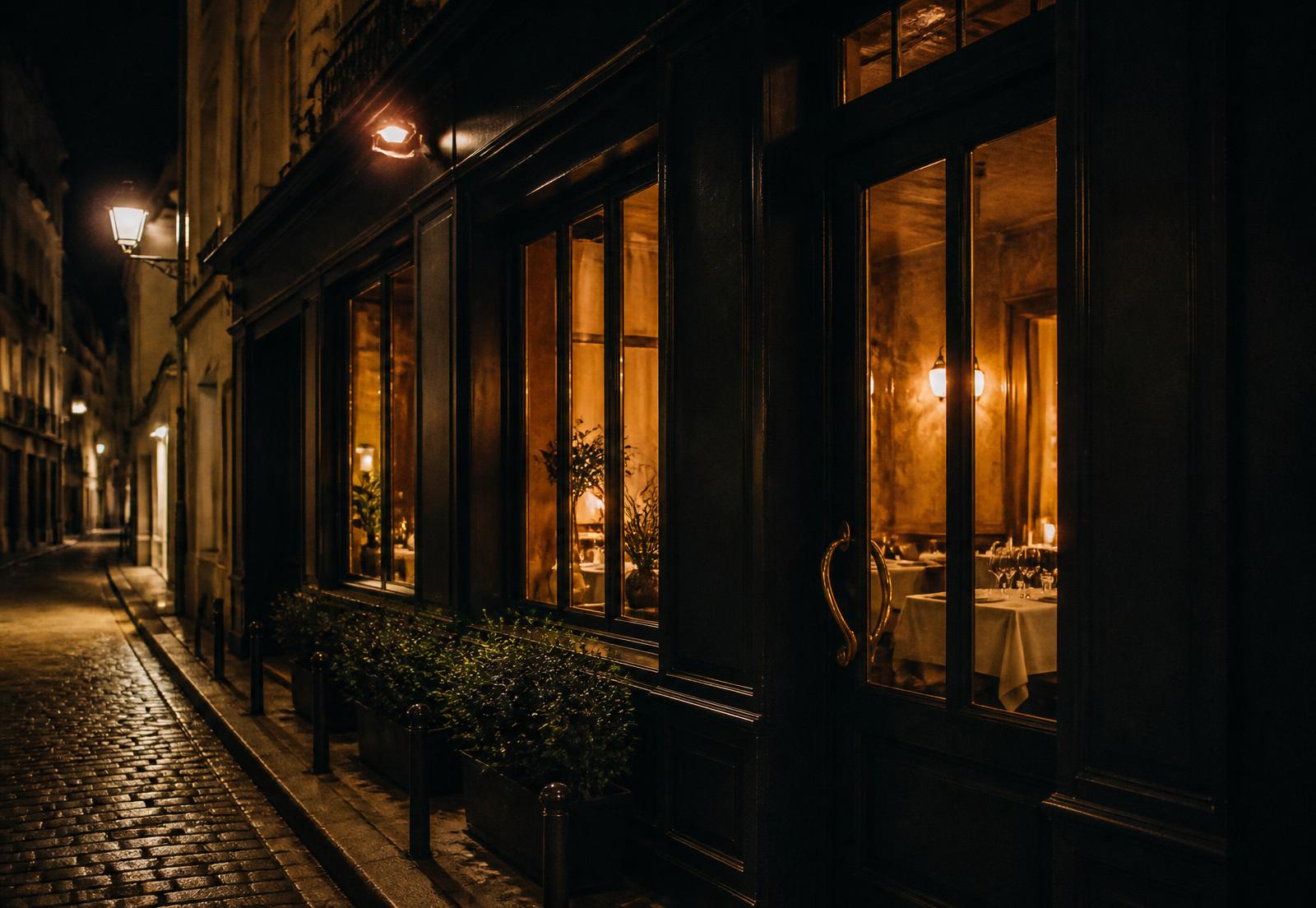 The VÉRA entrance glowing on a quiet cobbled street at night