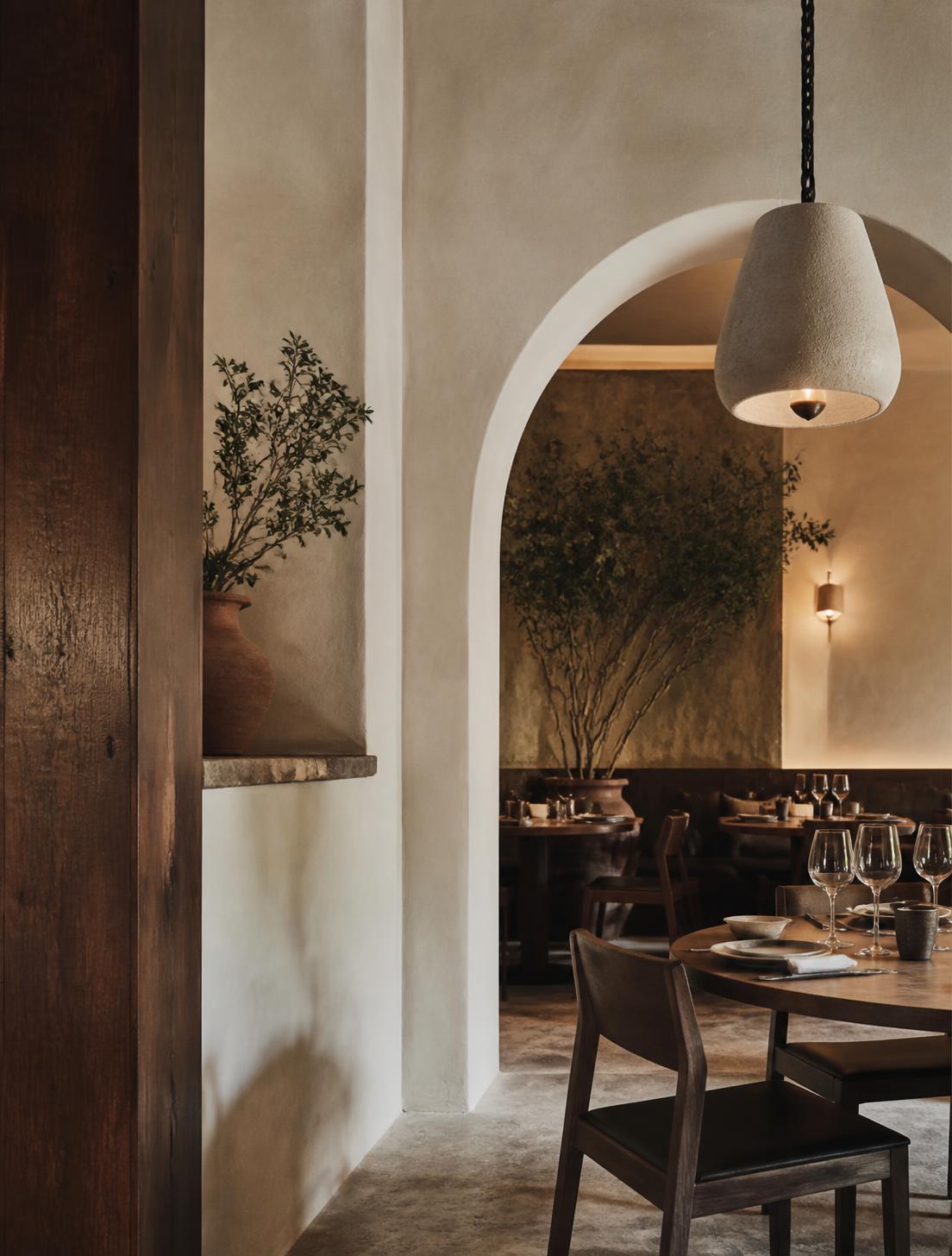 Arched plaster doorway leading into the warm-lit VÉRA dining room