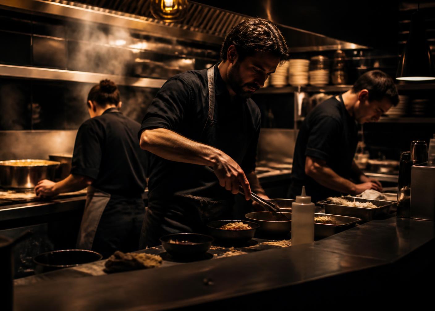 Chefs working the pass in the VÉRA kitchen during evening service