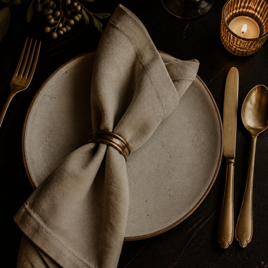 Linen napkin, brass cutlery and a candle set on a dark dining table