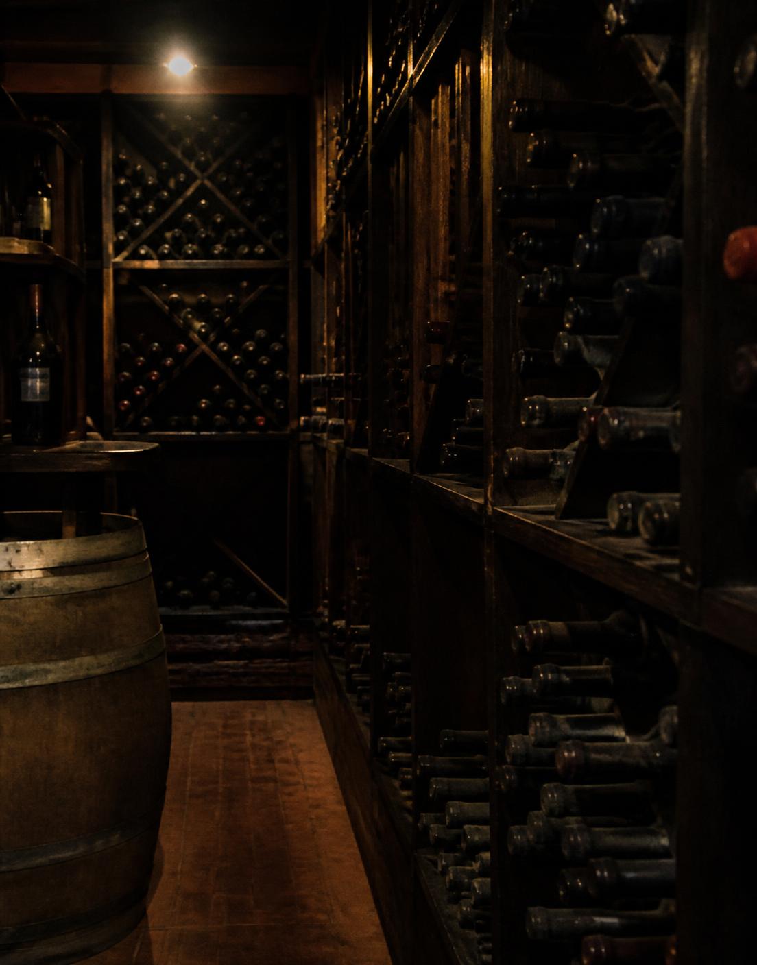 Dimly lit wine cellar with aged bottles on dark oak racks