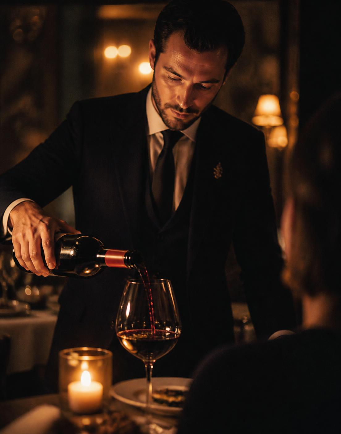 Sommelier pouring red wine into a glass at a candlelit table